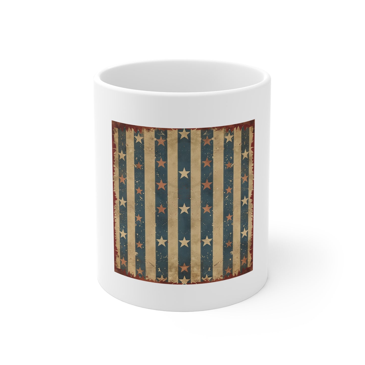 Vintage Americana Stripe Coffee Mug – Distressed Star Stripe Patriotic Mug – Antique USA Flag Inspired Cup – Rustic Heritage Gift Vintage American Flag Mug — Distressed Stars & Stripes 11oz