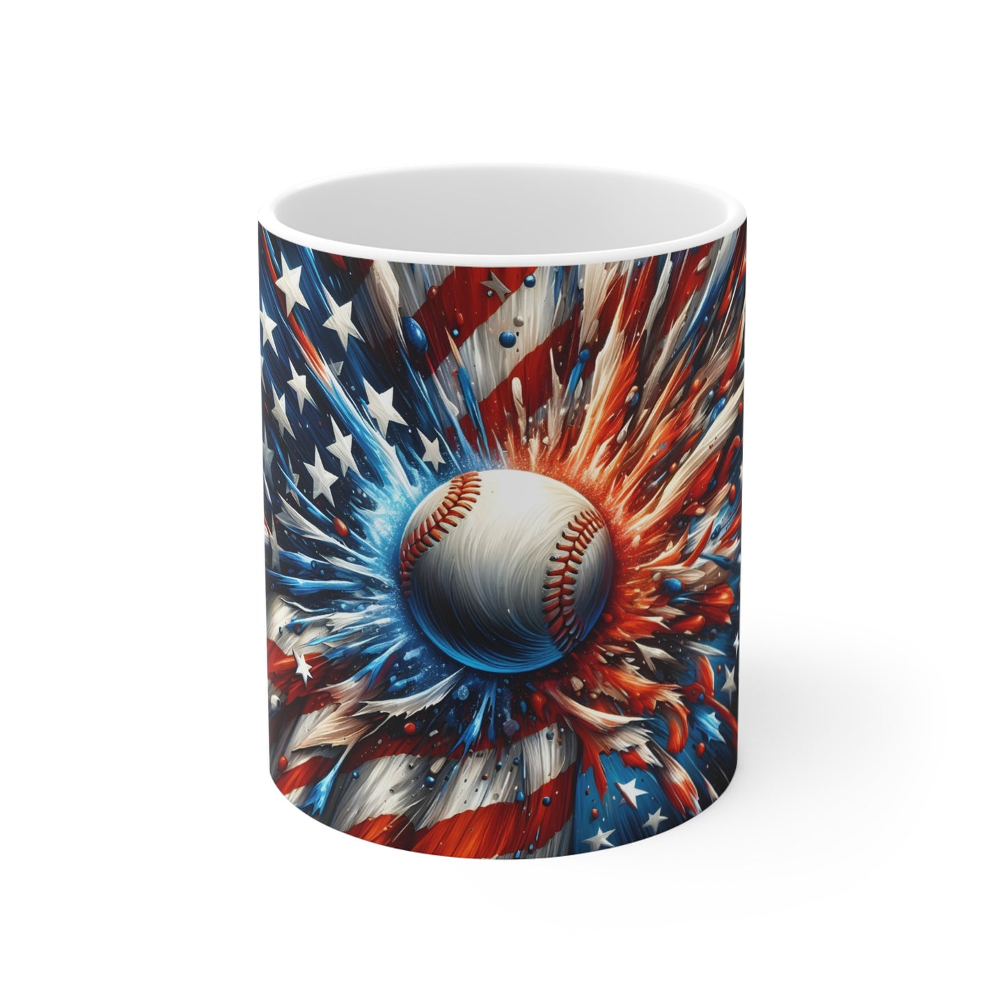 Patriotic Baseball Coffee Mug – American Flag Baseball Art Mug – USA Sports Explosion Cup – Bold 4th of July Baseball Gift 11oz