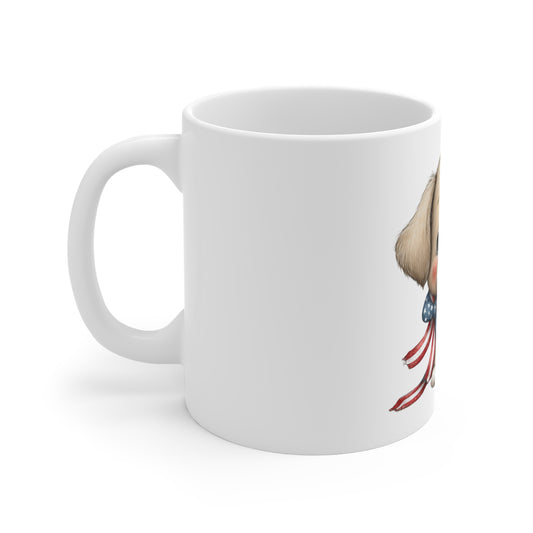 Cute Patriotic Puppy Ribbon Coffee Mug – 4th of July Dog Mug – Americana Puppy with Flag Ribbon Bow – Red White Blue Pet Lover Gift Cute Puppy Mug - Patriotic Puppy with American Flag Scarf 11oz...