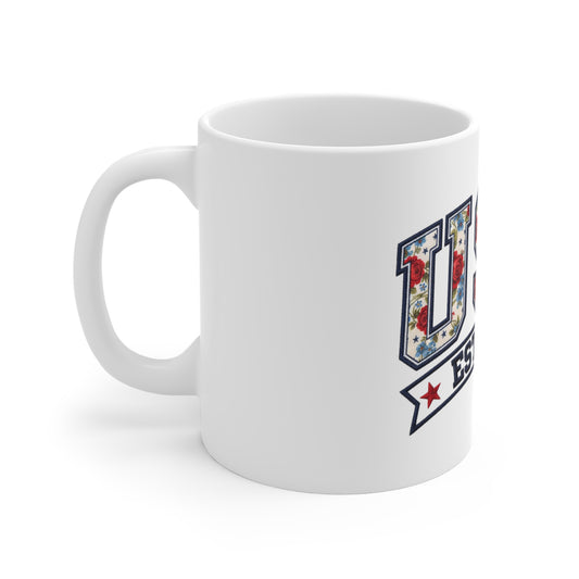 USA Est. 1776 Floral Flag Coffee Mug — Patriotic 11oz Ceramic