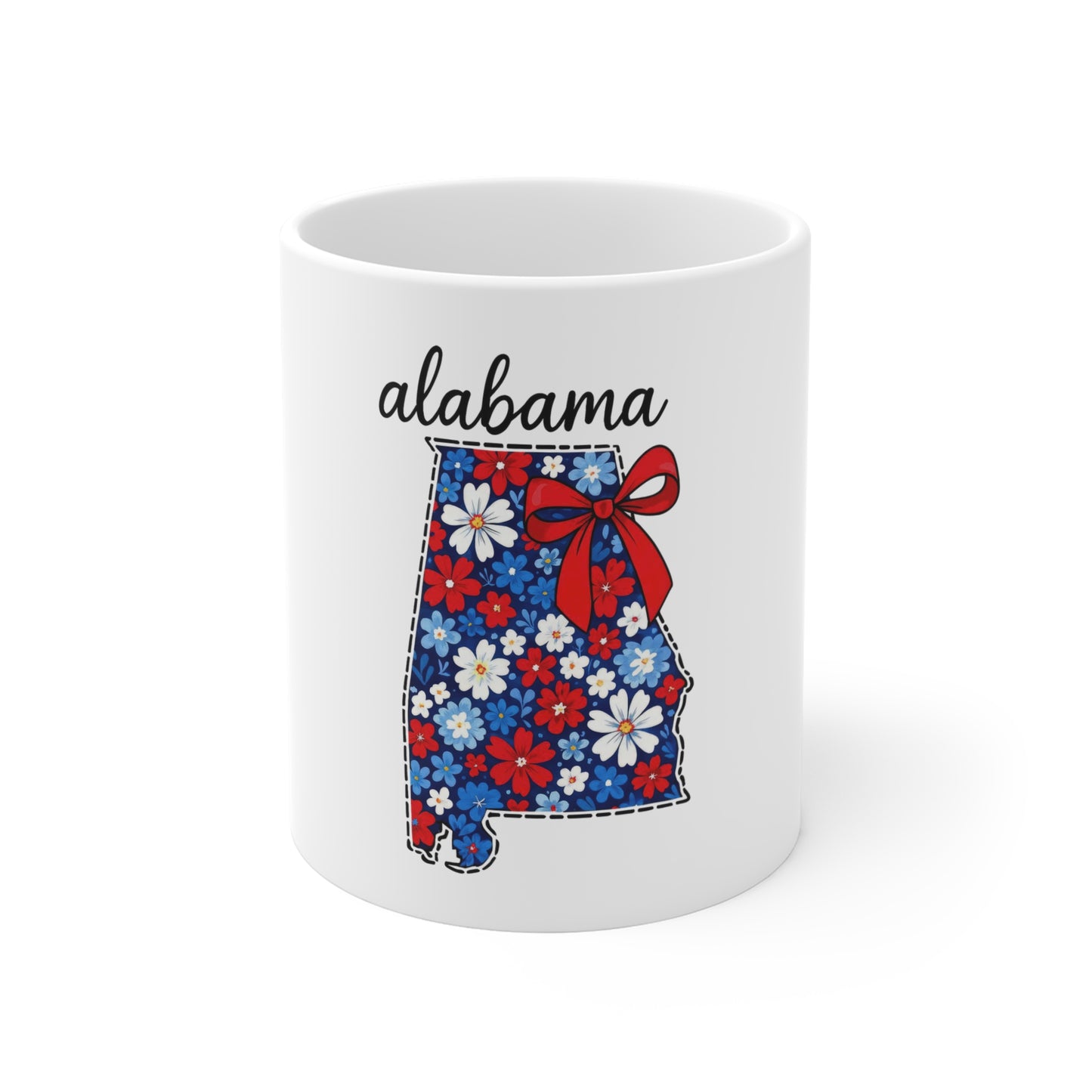 Alabama Floral State Mug — Red, White & Blue Daisy Design with Ribbon
