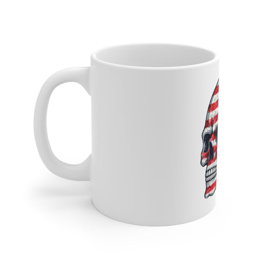 Patriotic Skull Profile Coffee Mug – American Flag Side Skull Mug – Distressed USA Grunge Skull Cup – Bold Americana Gift Mug 11oz