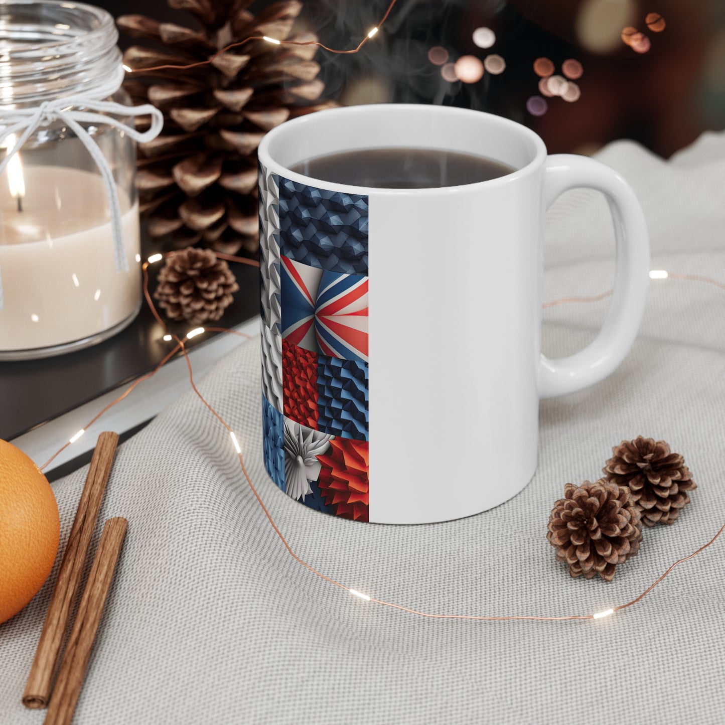 Abstract 3D Patriotic Coffee Mug – Red White Blue Geometric Mug – Modern Americana Design – Bold Textured Art Mug Patchwork Patriotic 11oz Mug – Red White Blue Geometric Quilt Design