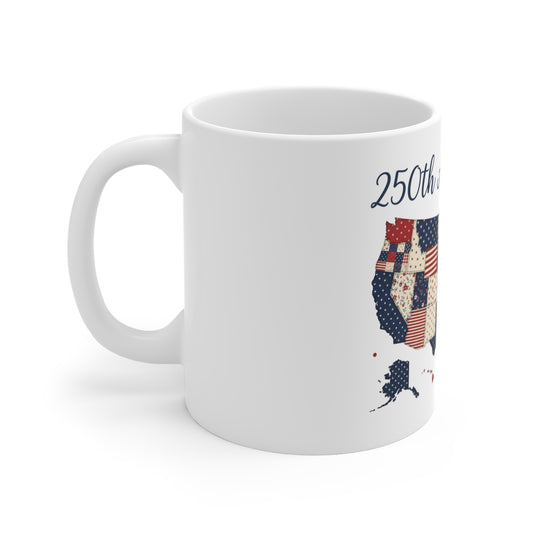250th Anniversary USA Patchwork Map Mug β Patriotic 11oz Coffee Cup