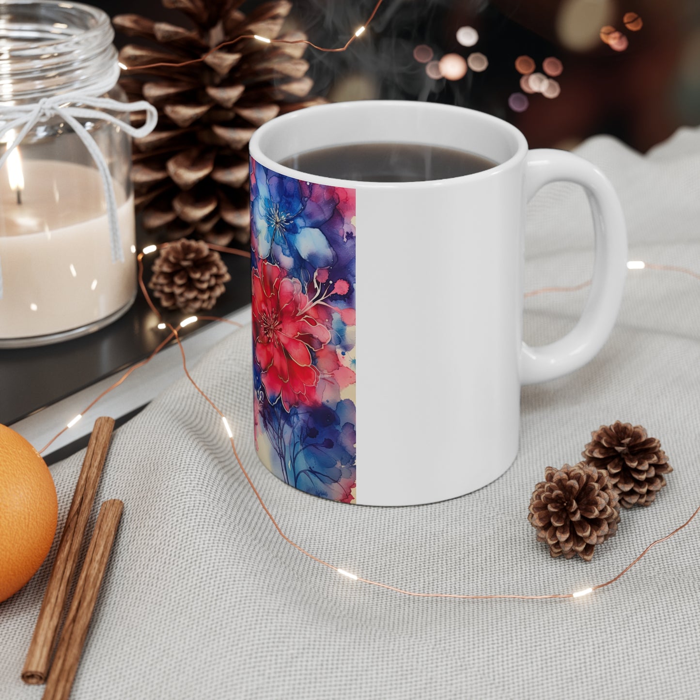 Patriotic Floral Garden Coffee Mug – Red White Blue Watercolor Flower Mug – Rich Americana Bloom Cup – Elegant Artistic Gift Watercolor Floral Mug — Pink & Blue Bloom 11oz Ceramic Coffee Cup