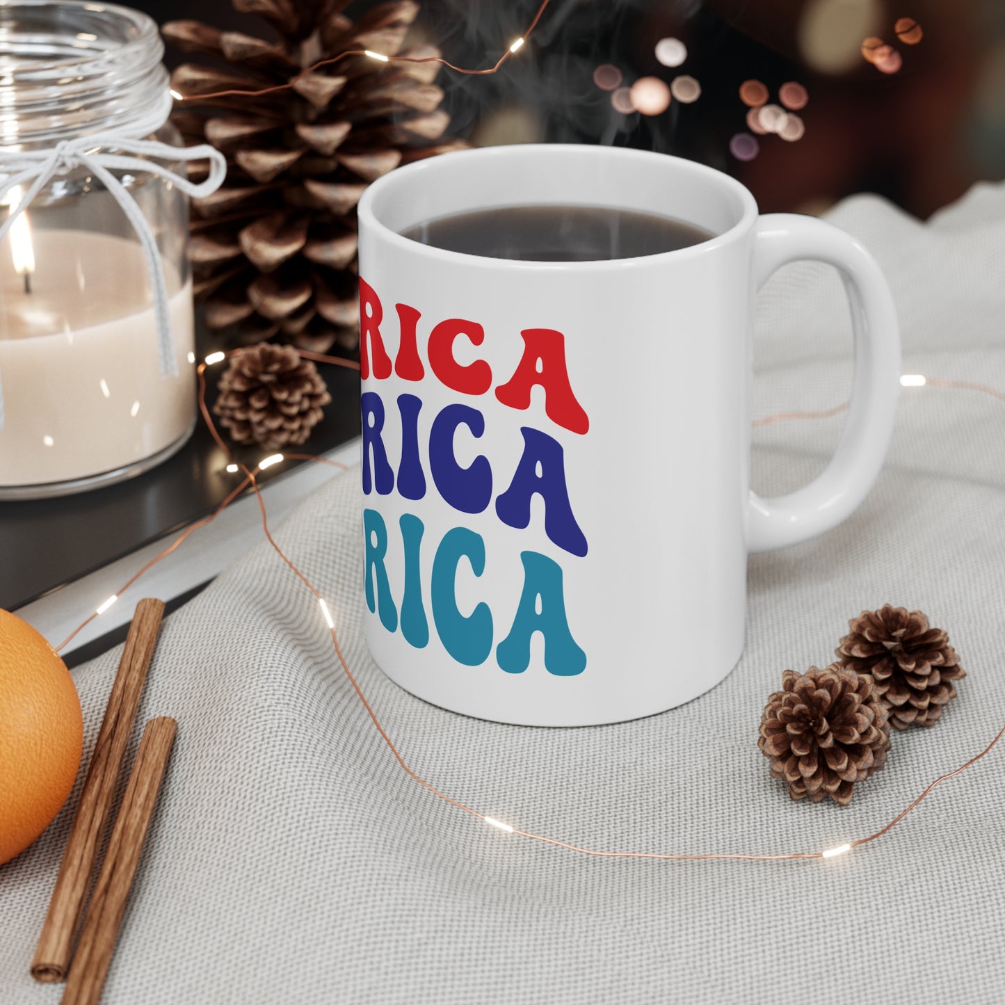America Retro Typography Coffee Mug – Bold Patriotic USA Mug – Vintage Americana Lettering Cup – 4th of July Statement Mug Mug 11oz