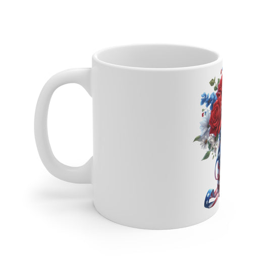 American Flag Mason Jar Floral Coffee Mug – Patriotic Rose & Daisy Mug – Red White Blue Bouquet Cup – 4th of July Gift Mug Patriotic Mason Jar Floral Mug – American Flag Red Rose & Daisy 11oz