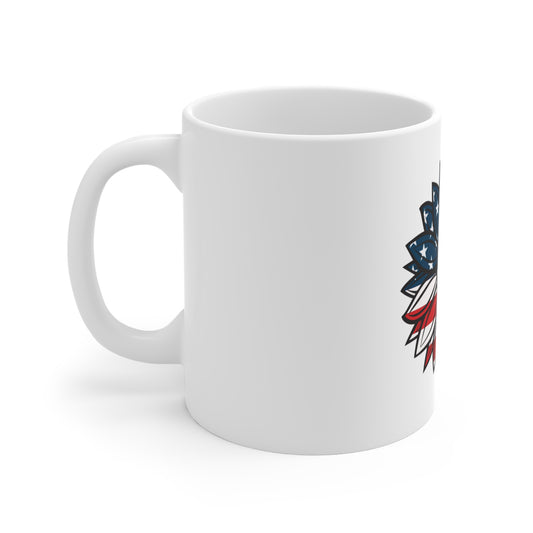 Patriotic Sunflower Coffee Mug – American Flag Daisy Mug – Red White Blue Floral Design – USA Botanical Gift Mug 11oz