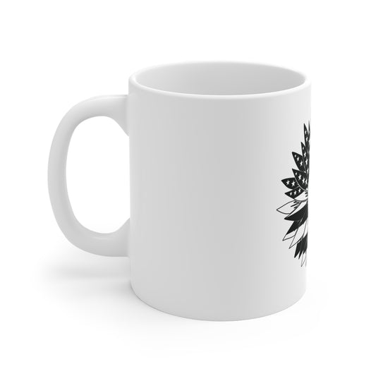 Black & White Patriotic Sunflower Mug – American Flag Floral Coffee Mug – Modern Americana Bloom Cup – Minimalist USA Gift Mug Mug 11oz