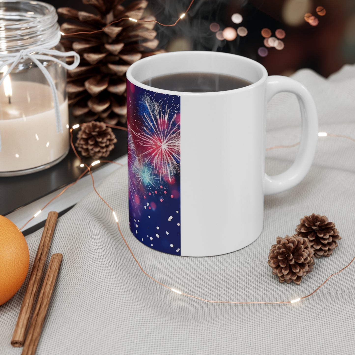 Patriotic Fireworks Burst Coffee Mug – Red Blue Sparkle Mug – Independence Day Celebration Cup – Starry Night USA Design Fireworks Celebration Mug — Colorful Sparkler 11oz Ceramic Coffee Cup