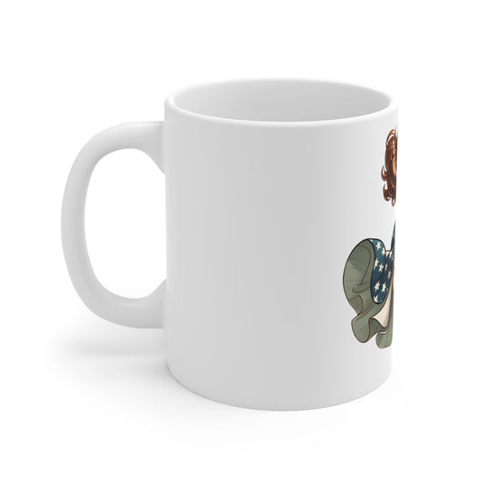 Patriotic Pin-Up Girl Coffee Mug – Vintage Americana Woman Mug – Retro USA Flag Dress Cup – Classic American Beauty Art Mug – Gift for Her Mug 11oz