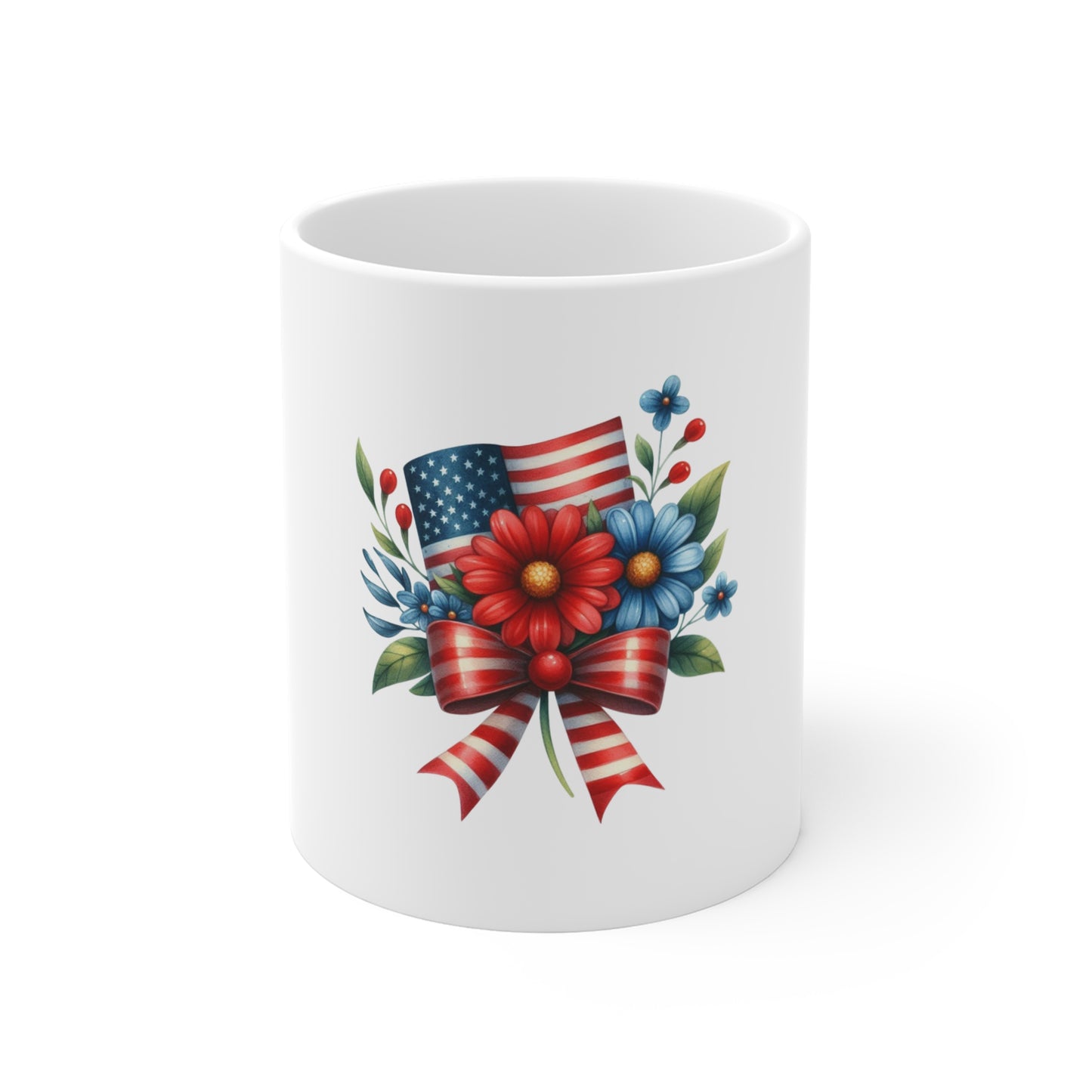 Patriotic Floral Flag Mug – 11oz Red White Blue Bouquet Coffee Cup