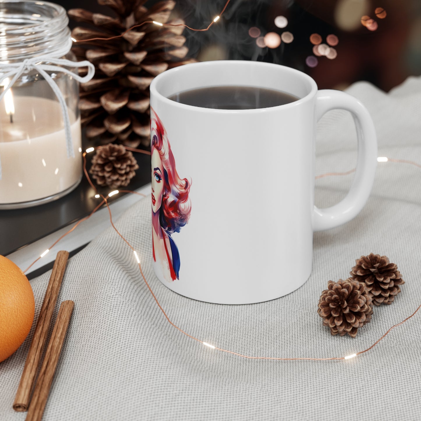 Patriotic Pin Up Portrait Mug β Bold Americana Woman Coffee Mug β Red White Blue Retro Beauty Cup β Vintage USA Art Mug β Gift for Her Patriotic Pin-Up Mug β Retro American Flag Woman Coffee Cup...
