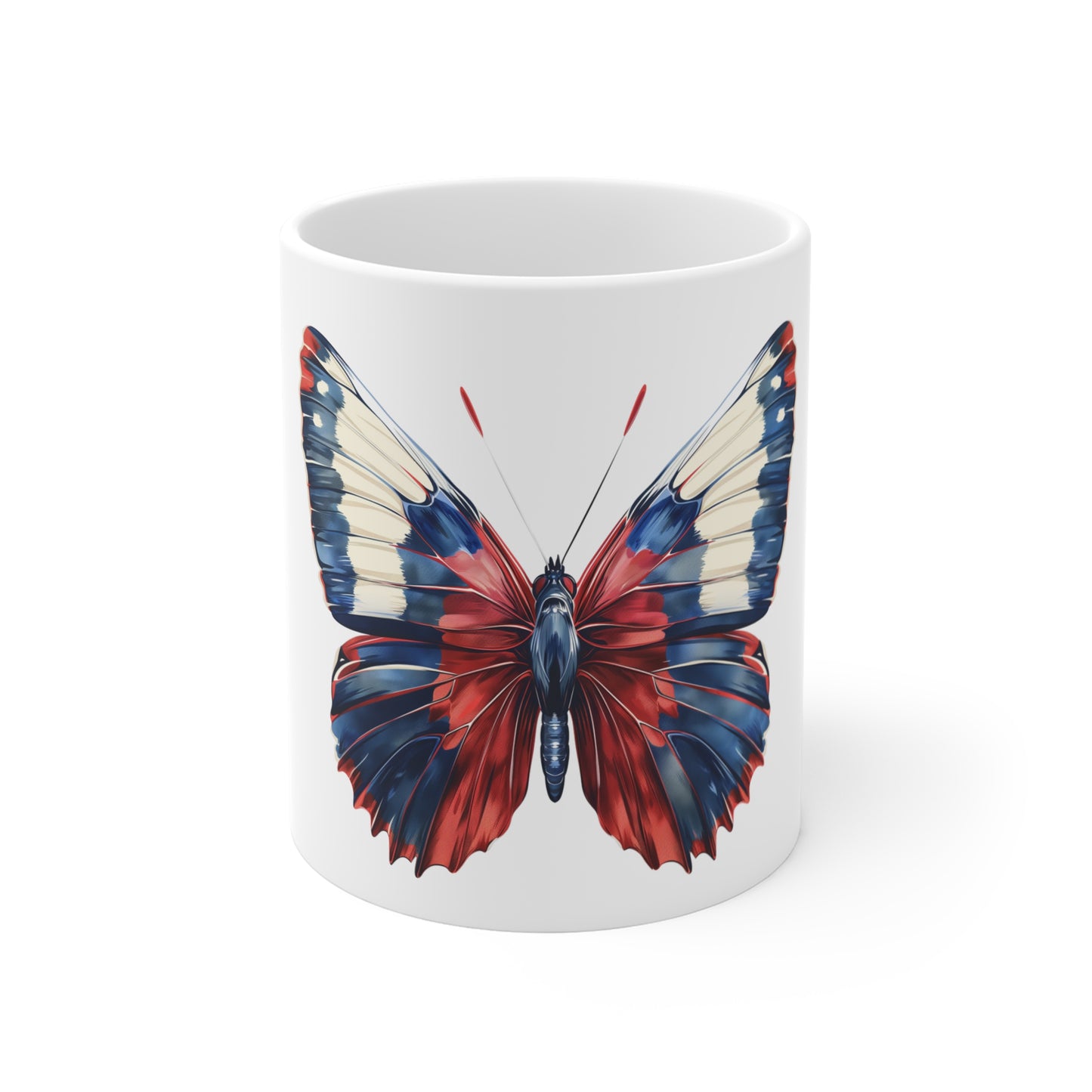 Bold Patriotic Butterfly Mug – Red White Blue Wings Coffee Mug – Modern Americana Art Cup – USA Gift Mug Mug 11oz