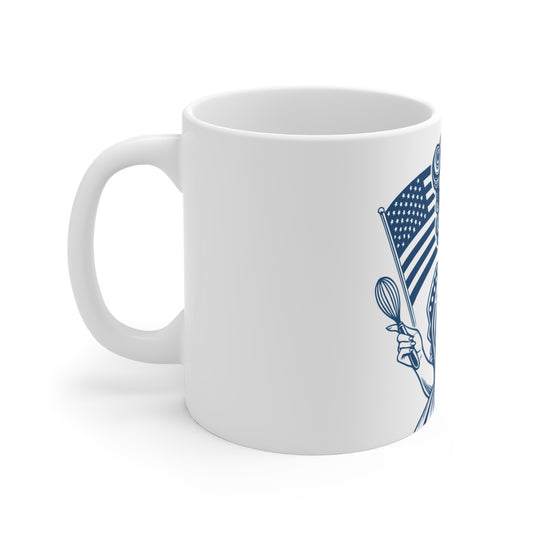 Patriotic American Baker Coffee Mug – Vintage Americana Woman with Flag Mug – Retro USA Kitchen Pride Cup – Baking Gift Mug – Classic Homemaker Coffee Cup Mug 11oz