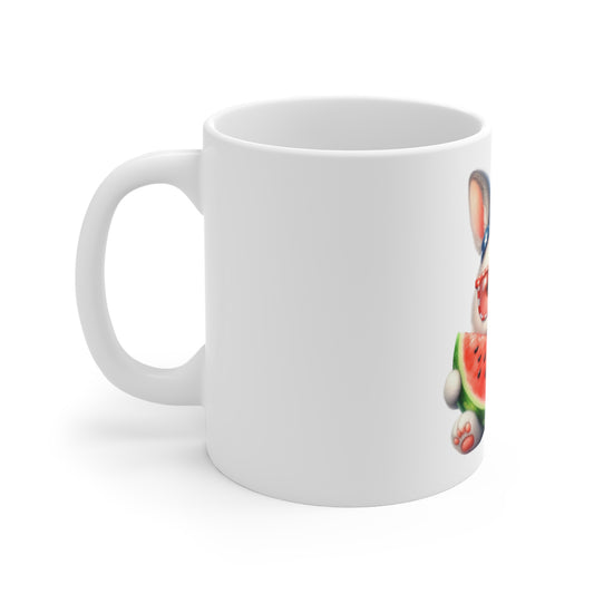Cute Patriotic Bunny Coffee Mug – Red White Blue Rabbit Mug – Kawaii Americana Animal Cup – Watermelon Summer Gift Mug 11oz