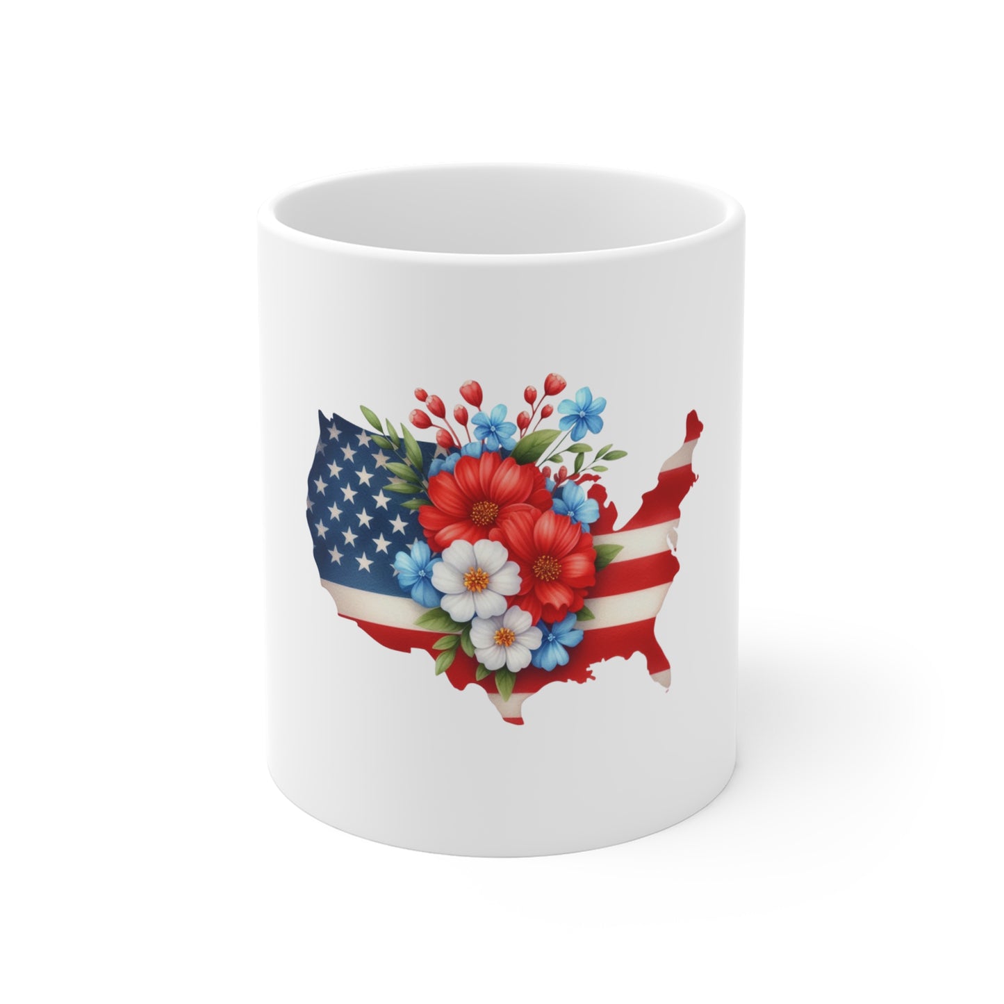 USA Flag Map Floral Mug – Patriotic Red White Blue Coffee Cup (11oz)