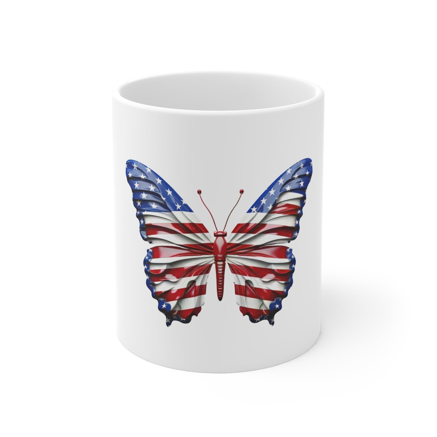 Flowing American Flag Butterfly Mug β Classic Patriotic Butterfly Coffee Mug β Red White Blue Wave Wing Design β USA Gift Patriotic American Flag Butterfly Mug β 11oz USA Pride Coffee Cup