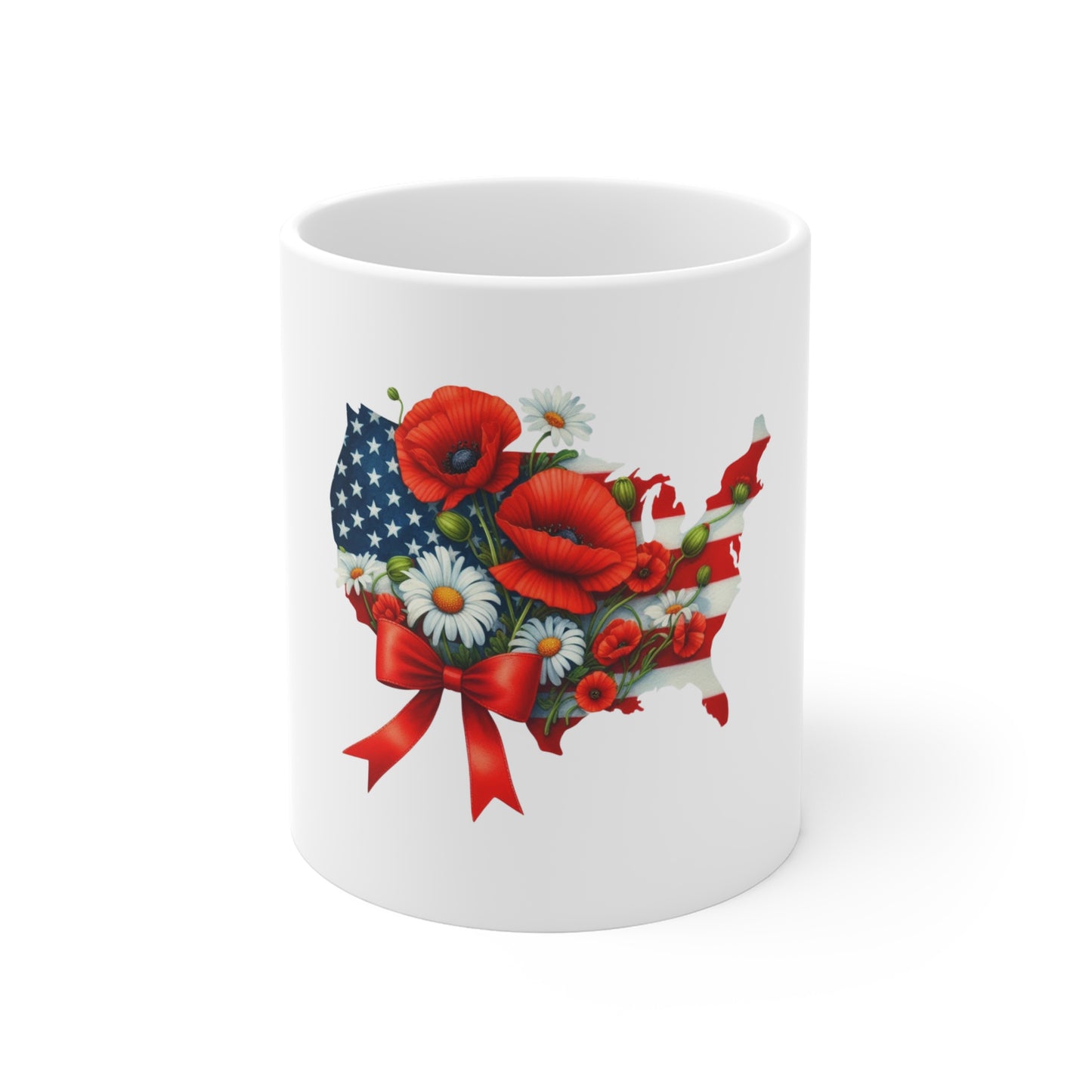 Patriotic USA Map Mug with Poppies & Daisies – 11 oz Memorial Day / Fourth of July Gift