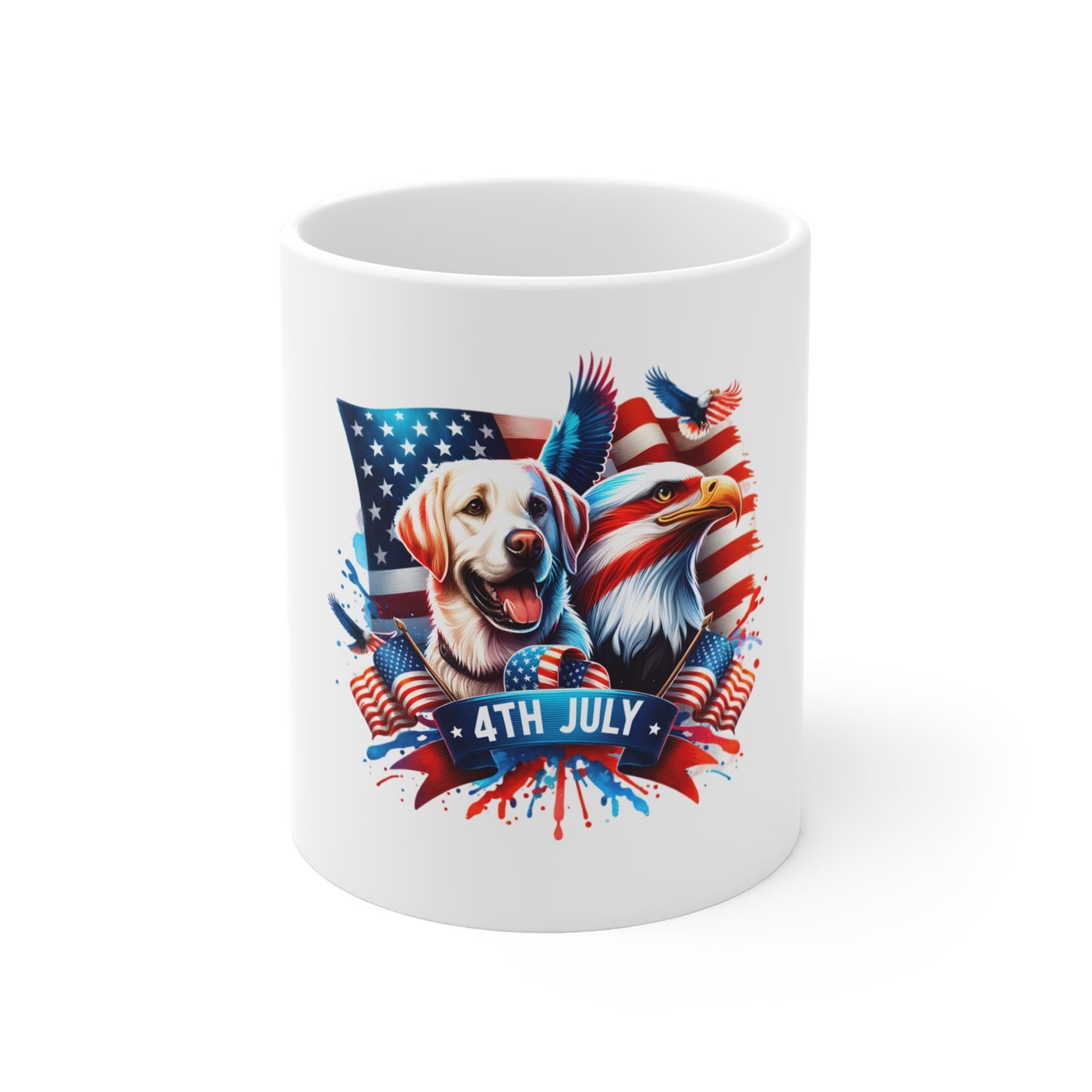 4th of July Patriotic Dog Mug — American Flag, Bald Eagle & Labrador Coffee Cup (11oz)