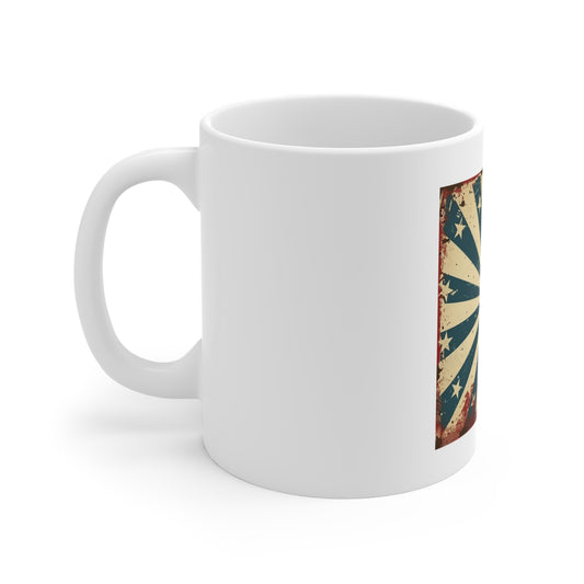 Retro American Starburst Coffee Mug – Vintage Patriotic USA Mug – Minimalist Stars & Stripes 11oz Ceramic Cup – Unique Americana Gift