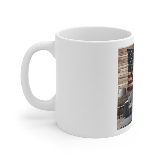 Rustic American Flag Living Room Scene Coffee Mug – USA Flag Wall Decor Mug – Patriotic Home Style Mug – Vintage Americana Interior Cup American Flag Wall Decor Mug — Rustic Patriotic 11oz Coffee Cup...