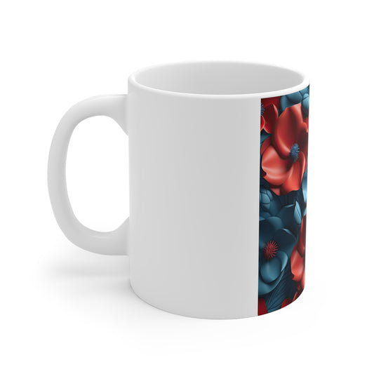 Patriotic 3D Floral Coffee Mug – Red Blue Sculpted Flower Mug – Modern Layered Botanical Cup – Bold Americana Design Mug 11oz Ceramic Mug — Red & Teal Floral Pattern