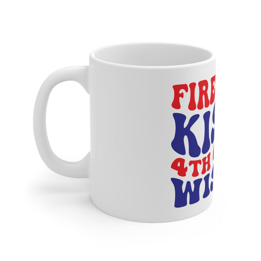 Fireworks Kisses 4th of July Wishes Coffee Mug – Patriotic Retro Typography Mug – Cute Americana Celebration Cup – Independence Day Gift Mug Mug 11oz