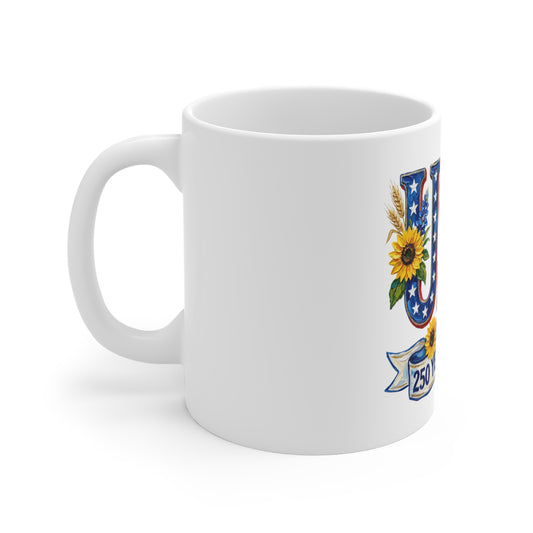 USA 250 Years of Freedom 11oz Coffee Mug β Patriotic Sunflower Flag Design