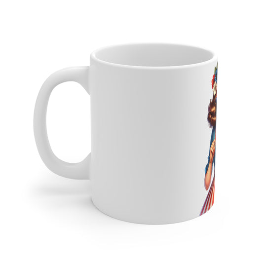 Patriotic Retro Woman Mug – American Flag Pin Up Coffee Mug – Vintage USA Style Cup – 4th of July Gift – Classic Americana Mug Patriotic Pin-Up Girl 11oz Coffee Mug — Vintage Americana Flag Design...