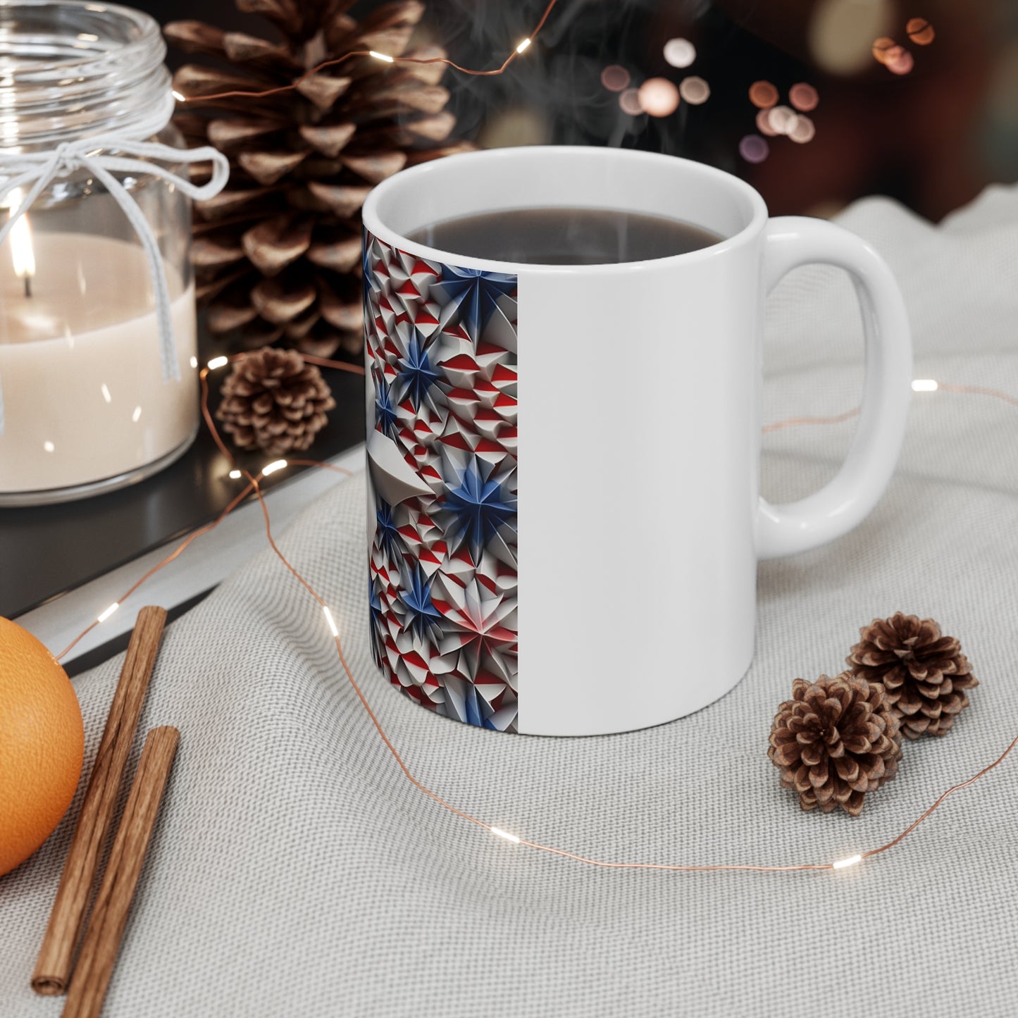 3D Patriotic Starburst Coffee Mug – Red White Blue Layered Stars Mug – Bold Americana Geometric Mug – Modern USA Star Design 11oz