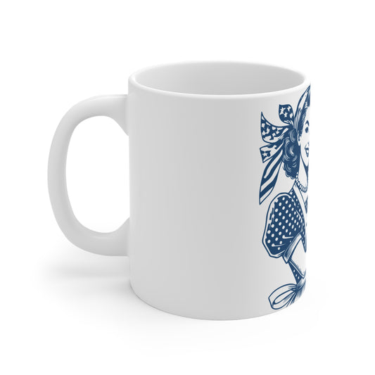 Patriotic American Baker Coffee Mug – Vintage Americana Woman Baking Mug – Retro USA Kitchen Pride Cup – Homemade Pie Gift Mug – Classic Baker Coffee Cup Mug 11oz