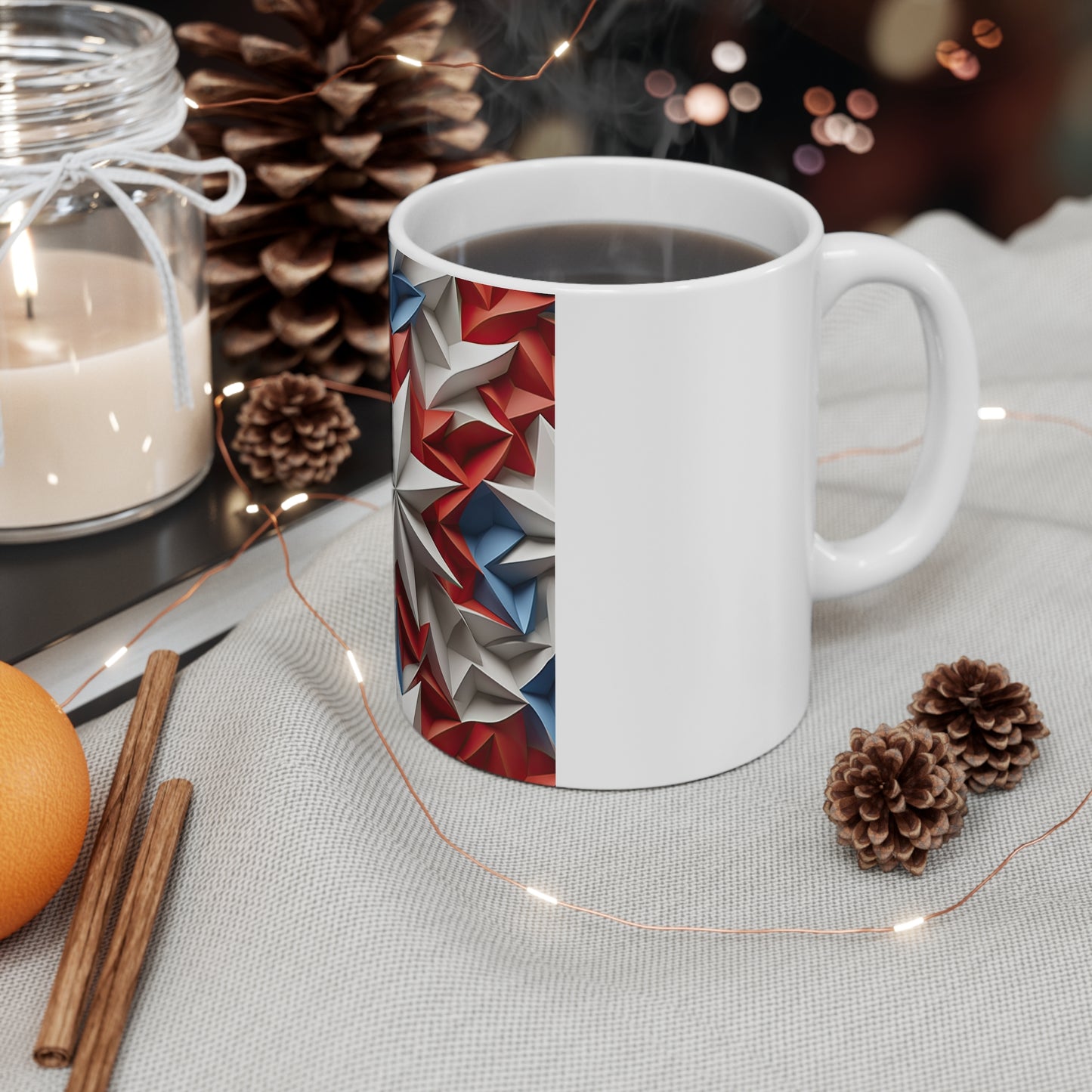 3D Patriotic Starburst Coffee Mug – Bold Central Star Americana Mug – Red White Blue Geometric Star Design – USA Statement Mug 11oz
