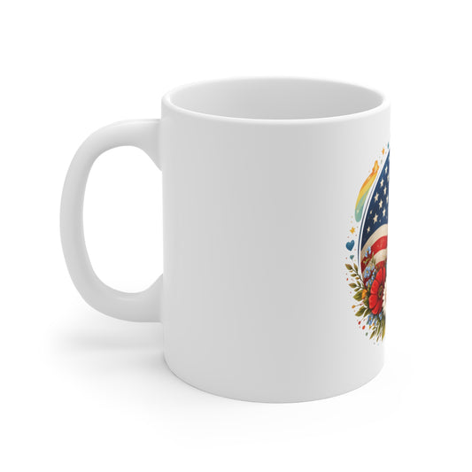 Patriotic Floral American Flag Mug – Red White Blue Daisy & Poppy Coffee Mug – USA Garden Style Mug – Americana Gift Mug 11oz