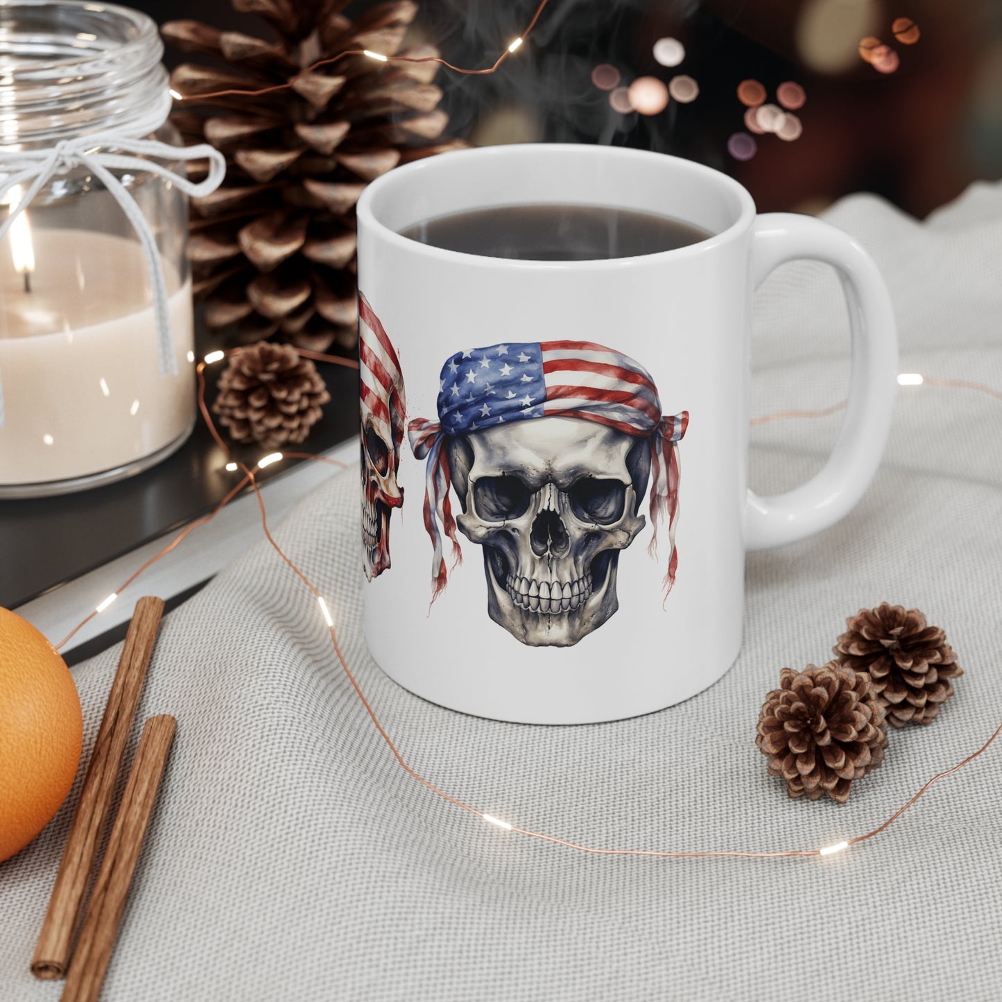 American Flag Skull Mug — 11oz Patriotic Bandana Skull Coffee Cup for Veterans & Bikers