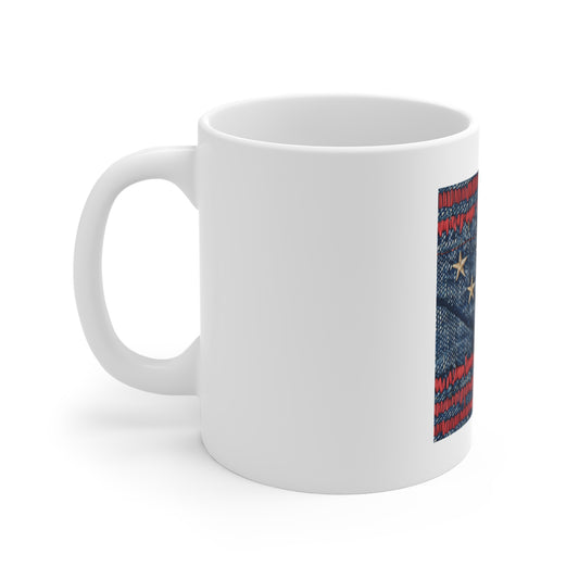 Distressed American Flag Denim Coffee Mug – Vintage Stitch Patriotic Mug – Worn-In USA Flag Cup – Rustic Americana Gift – Heritage Art Mug 11oz Coffee Cup