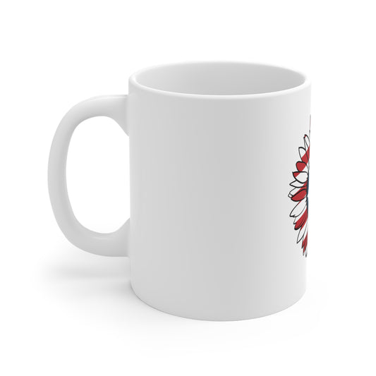 Patriotic Sunflower Coffee Mug – American Flag Floral Mug – Red White Blue Flower Design – USA Botanical Gift Mug 11oz