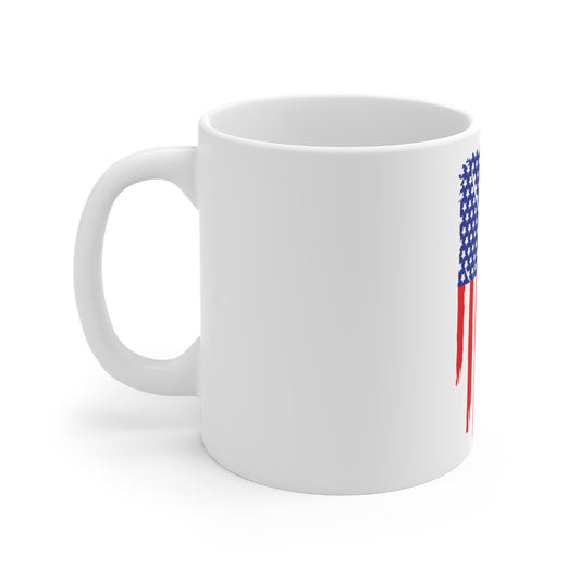 Distressed Vertical American Flag Coffee Mug – Long Drip USA Flag Mug – Bold Patriotic Cup – Red White Blue Gift Mug 11oz