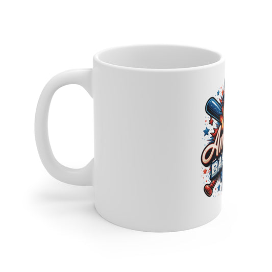 All American Baseball Mug – Patriotic Baseball Fan Coffee Cup – USA Baseball Gift – Red White Blue Sports Mug 11oz