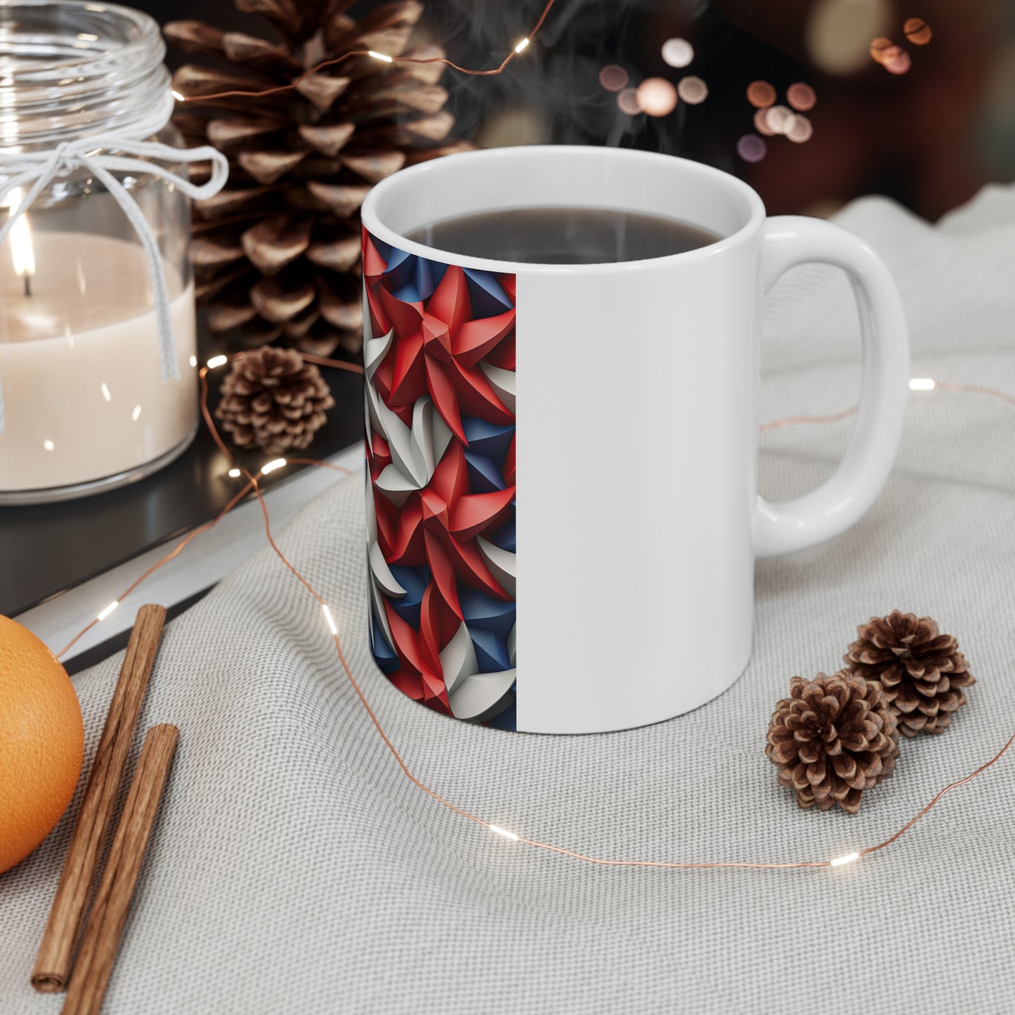 3D Patriotic Pinwheel Star Coffee Mug – Red White Blue Spiral Star Mug – Modern Americana Geometric Mug – Dynamic USA Star Design 11oz