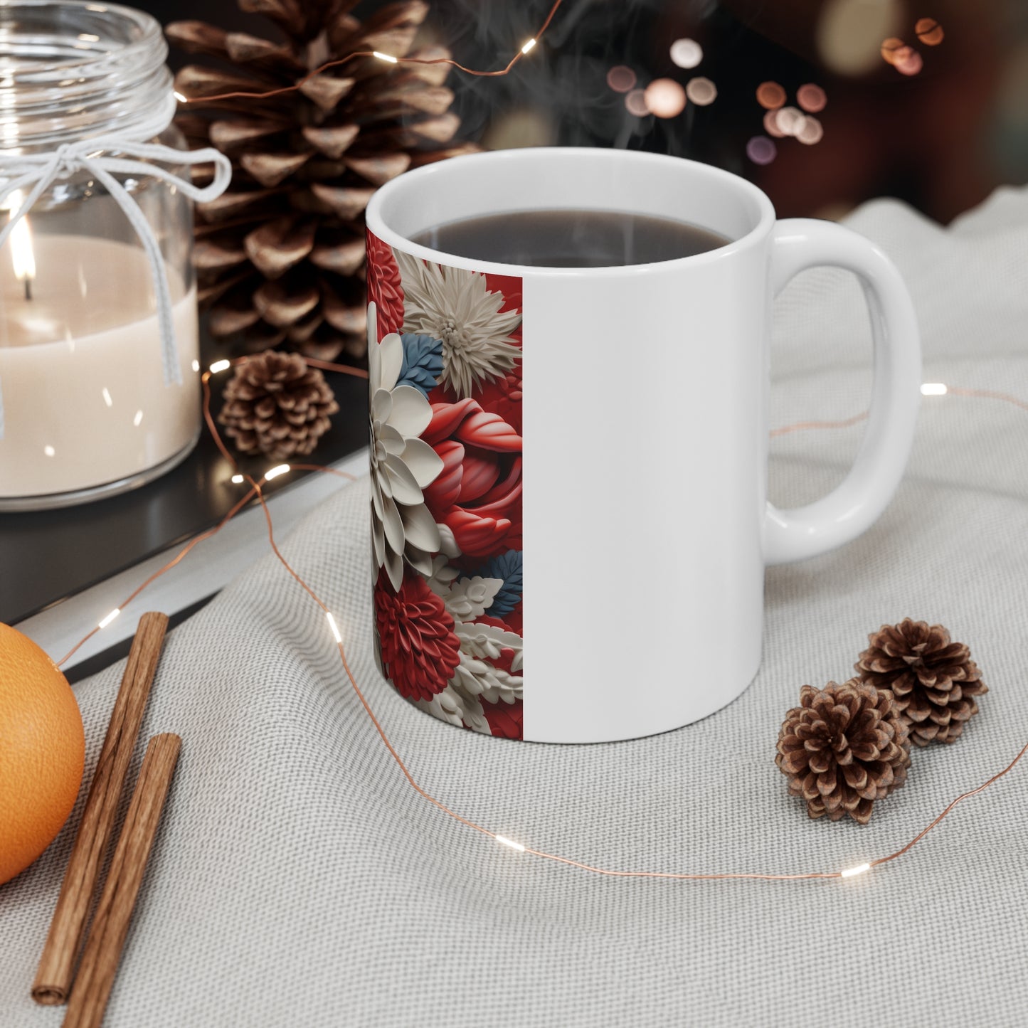 Patriotic 3D Dahlia Flower Coffee Mug – Red White Blue Sculpted Floral Mug – Bold Botanical Art Cup – Premium Americana Statement Mug Floral Dahlia Ceramic Mug — Red & Ivory 11oz