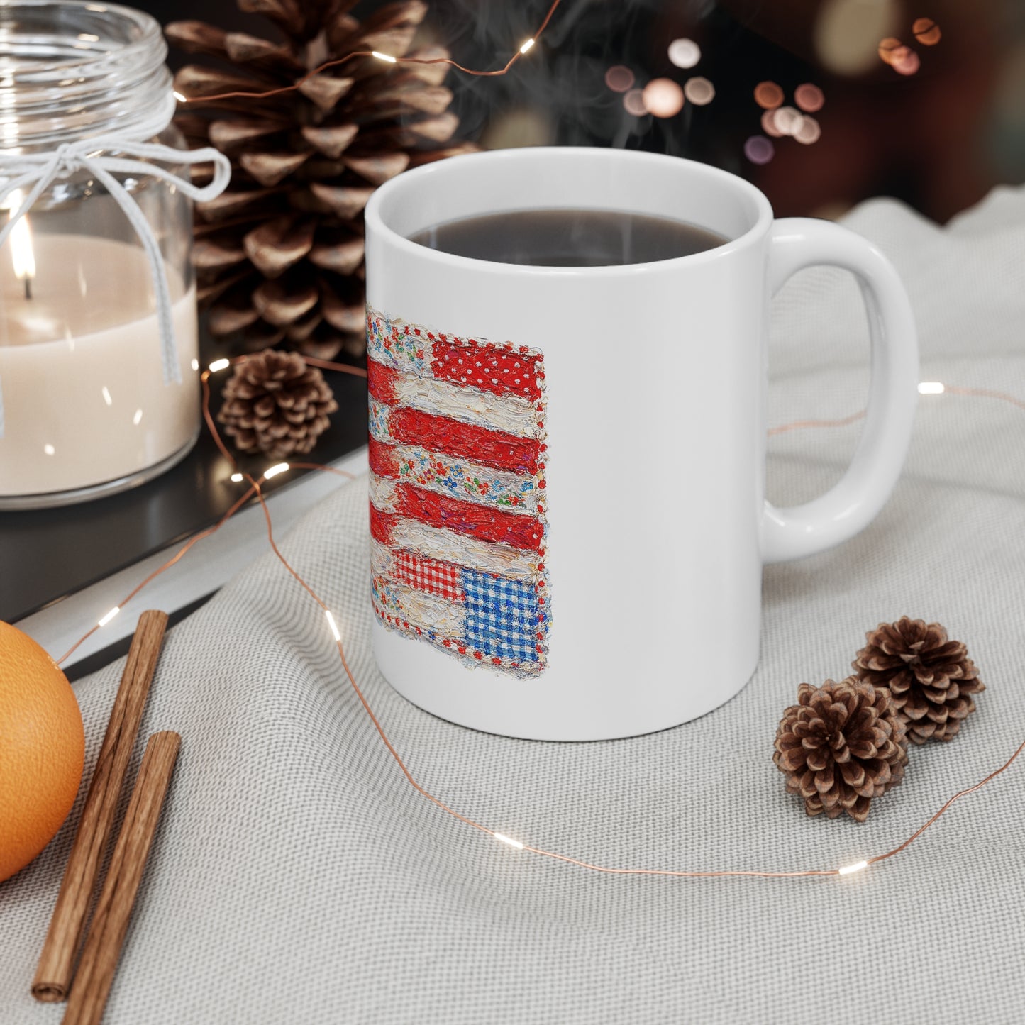 Patriotic Patchwork Flag Mug - 11oz Americana Coffee Cup