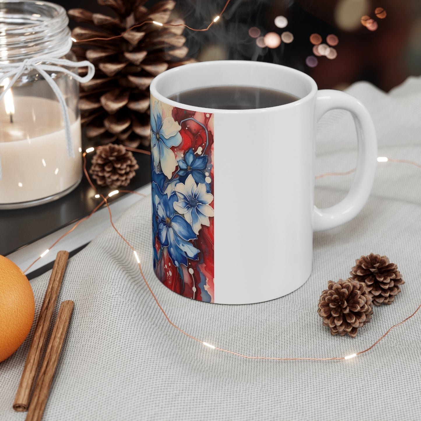 Patriotic Blue Floral Coffee Mug – Layered Watercolor Flower Mug – Red White Blue Botanical Art Cup – Elegant Americana Mug Floral Stars Red White & Blue 11oz Ceramic Mug