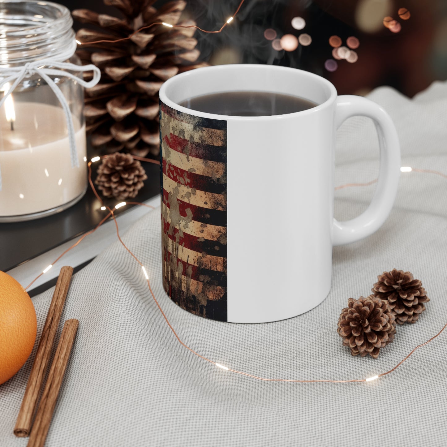 Grunge American Flag Coffee Mug – Paint Splatter USA Flag Mug – Distressed Vintage Patriotic Mug – Rugged Americana Gift 11oz