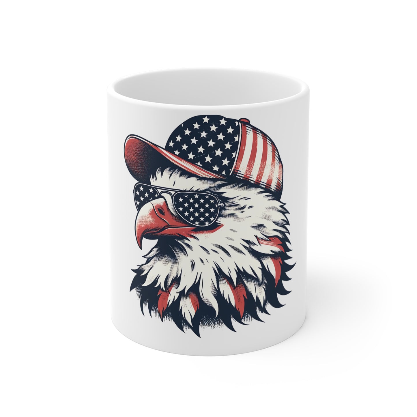 Patriotic Eagle Stars Sunglasses Coffee Mug – American Flag Bald Eagle Mug – USA Freedom Bird Cup – Vintage Americana Gift Mug 11oz