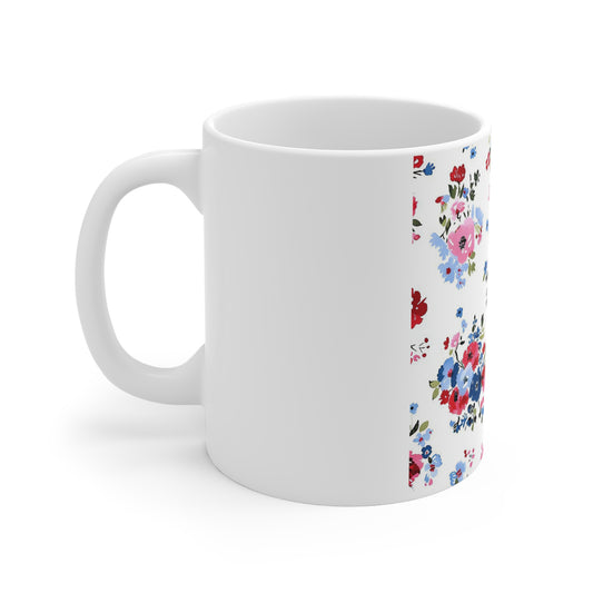 Romantic Patriotic Floral Coffee Mug – Red White Blue Vintage Garden Mug – Soft Americana Bloom Cup – Feminine Shabby Chic Mug Floral Bouquet Ceramic Mug – Vintage Pink & Blue Rose Pattern 11oz...