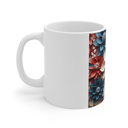 Patriotic 3D Floral Coffee Mug – Red White Blue Layered Blossom Mug – Sculpted Botanical Art Cup – Premium Americana Flower Mug Floral Paper Dahlia 11oz Ceramic Mug – Red, Blue & Cream Garden Pattern...