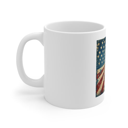Vintage American Flag Sunburst Coffee Mug – Distressed Patriotic USA Mug – Retro Stars & Stripes 11oz Ceramic Cup – Unique Americana Gift