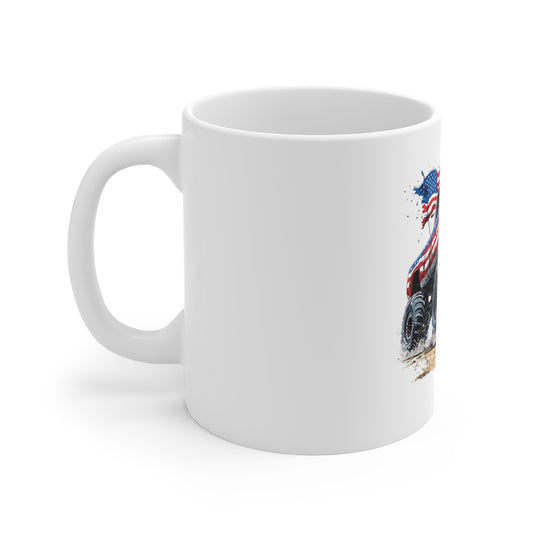 American Flag Monster Truck Coffee Mug – Patriotic Off-Road Truck Mug – USA Flag Truck Design – Rugged Americana Gift Mug 11oz