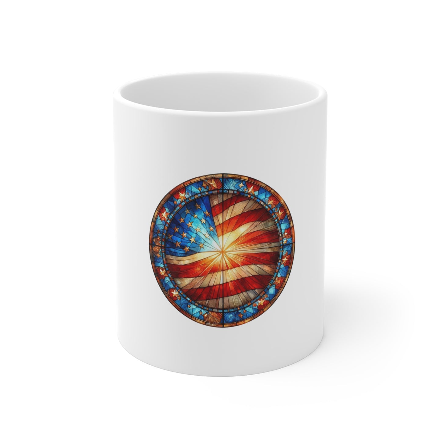 Stained Glass American Flag Sunburst Mug – Patriotic Radiant USA Coffee Mug – Red White Blue Flag Art Cup – Americana Gift Mug 11oz